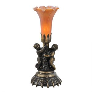 Mini Lamp 13"High Amber Twin Cherub Pond Lily Glass Shade