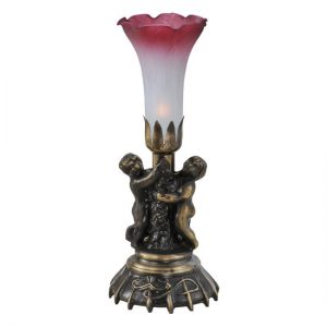 Cherub Lamp with Glass Shade 13"High Pink Twin Cherub Pond Lily