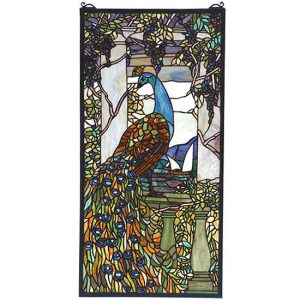Art Nouveau - 15"W X 30"H Tiffany Peacock Wisteria Stained Glass