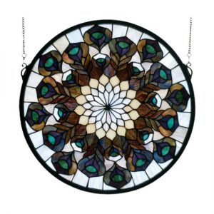 Peacock Feather Round Stained Glass Window Panel Hangings Home