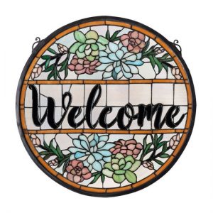 Round Stained Glass Welcome Sign Window Panel Hangings Home Decor